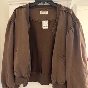 Free People Chocolate Brown Zip Bomber Jacket